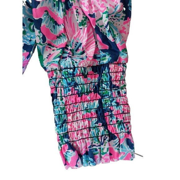 Lilly Pulitzer Shirt Top Small Split Neck Popover Pink Print Smocked Cuff Linen - Picture 6 of 8